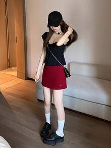 Vintage Red Sexy Bodycon Mini Skirt, High Waist Slimming A-Line Skirt For Women, Autumn