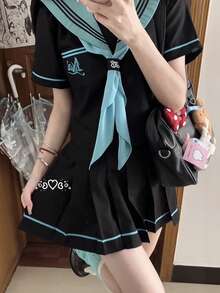 1pc Style Sailor Collar Short Sleeve Set, Basic Black & Mint Green Color Block JK School Uniform, Summer Halloween - màu đen - Xem 2
