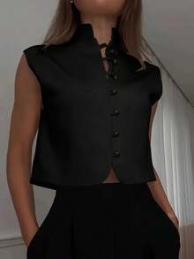Áo tank top không tay thanh lịch dành cho nữ, chất liệu vải dệt màu trơn, kiểu dáng thường ngày mùa hè màu đen. - màu đen - Xem 4