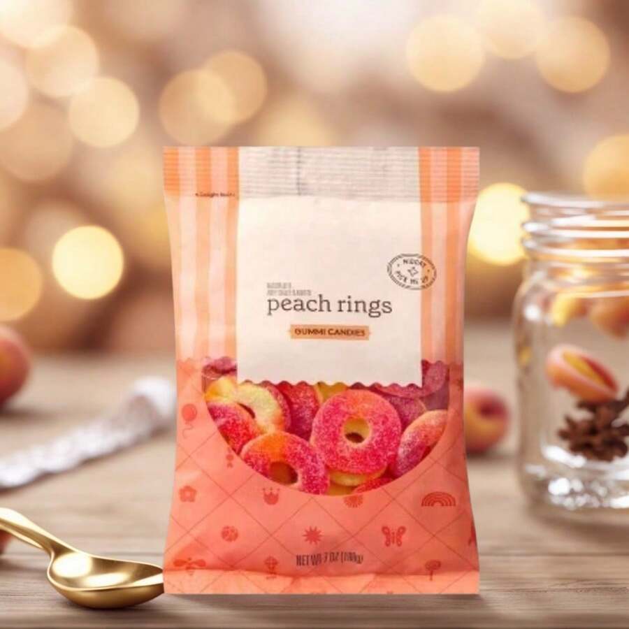 Sweet Peach Gummy Rings Candy, 7oz Bag, Soft Chewy Fruity Snacks For Kids Party Favors, Movie Night Treats, Office Dessert - 預設 - 查看 1