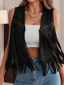 Chaleco de gamuza con borlas para mujer, estilo hippie de los años 70, sin mangas, con abertura frontal, chaqueta estilo western - Negro - Ver 5