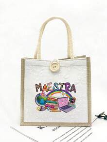 1Pc Teacher Pattern Printed Tote Bag With "Maestra" Letter Print, Reusable Printed Women'S Tote Bag, Large Capacity Handbag, Casual Tote Bag, Suitable For Commuting, School And Shopping, Convenient For Outdoor Use, Suitable For Mom - Multicolor - View 4