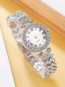 6PCS Ladies' Fashionable And Elegant Quartz Watch Set, High Luxury Full Diamond Round Roman Literal Watch, Paired With Diamond Studded Bracelet Jewelry Set, Suitable For Business, Daily And Party Wear, The Best Gift Set For Ladies.