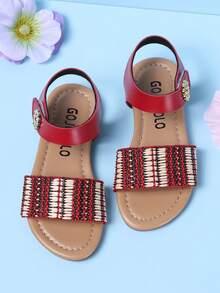 1 Pair Girls' Summer Woven Red Sandals, Minimalist Casual Fashion, Flat Beach Strap Princess Shoes, Suitable For Daily, Vacation And Travel - Red - View 1