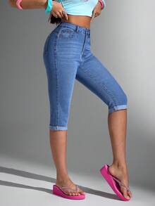Jeanoix Quần Jeans Nữ Màu Trơn Phong Cách Đơn Giản Hàng Ngày - Màu xanh lam - Xem 5