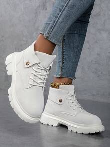 秋冬季柔软透气户外时尚靴，厚底设计，轻便舒适，适合度假、旅行和参加节日活动。四季皆宜，时尚踝靴和裸靴款式，女士高跟厚底靴，英伦风，厚底设计，时尚踝靴，大码尺码可选。 - 白色 - 查看 4