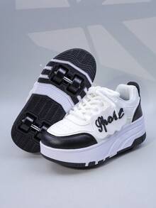 Kids Roller Skate Shoes With 4 Wheels, Detachable/2-In-1 Roller Sneakers, Lace-Up Athletic Shoes For Girls And Boys, Youth Leisure Sneakers - Black - View 5