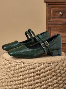 MonaNise 女士 3 厘米布质高跟鞋黑色玛丽珍厚底高跟鞋，时尚百搭 - 軍綠色 - 查看 5