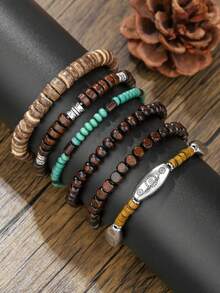 6pcs/Set Natural Coconut Shell & Wooden Bead Bracelet Set, Suitable For Daily Wear, Vacation, Travel Or Gift For Friends