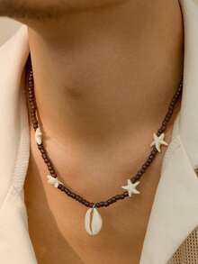 1pc Men's Simple Wooden Bead & Shell Necklace, Bohemian Beaded Shell Jewelry Accessory, Suitable For Summer Beach Wear - Color Mixing - View 10