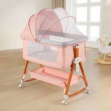 3-In-1 Baby Crib With Wheels,Baby Bassinet Featuring A Mosquito Net,Baby Cradle With Storage Baskets, Crib, Bedside Bed For Babies, Mosquito Prevention In Summer,6 Adjustable Height Settings, And Easy Folding Design,Baby Need,Baby/Newborn/Infant Stuff - 粉色 - 查看 1