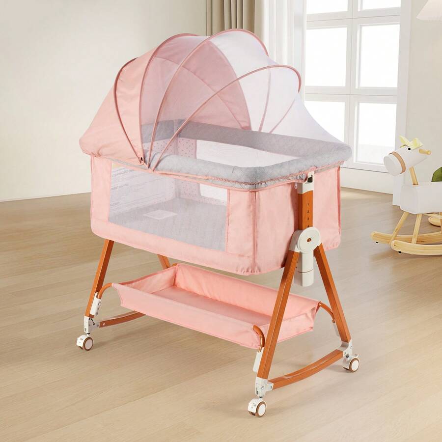 3-In-1 Baby Crib With Wheels,Baby Bassinet Featuring A Mosquito Net,Baby Cradle With Storage Baskets, Crib, Bedside Bed For Babies, Mosquito Prevention In Summer,6 Adjustable Height Settings, And Easy Folding Design,Baby Need,Baby/Newborn/Infant Stuff - 粉色 - 查看 1