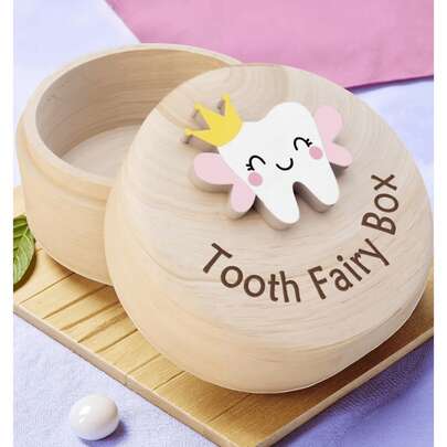 Little Girl's Tooth Fairy Box, Cute 3D Tooth Carving Wooden Box, Storage Box For Children's Fallen Teeth, Little Girl's Fallen Teeth Souvenir Storage Box Gift