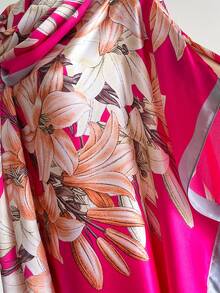 1pc Floral Print Chiffon Robe Set, Women Summer Beach Cover Up With Scarf, Sun Protection - Hot Pink - View 5