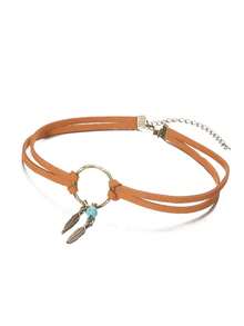 1 件复古欧式美式青铜树叶吊坠几何圆形皮革颈链