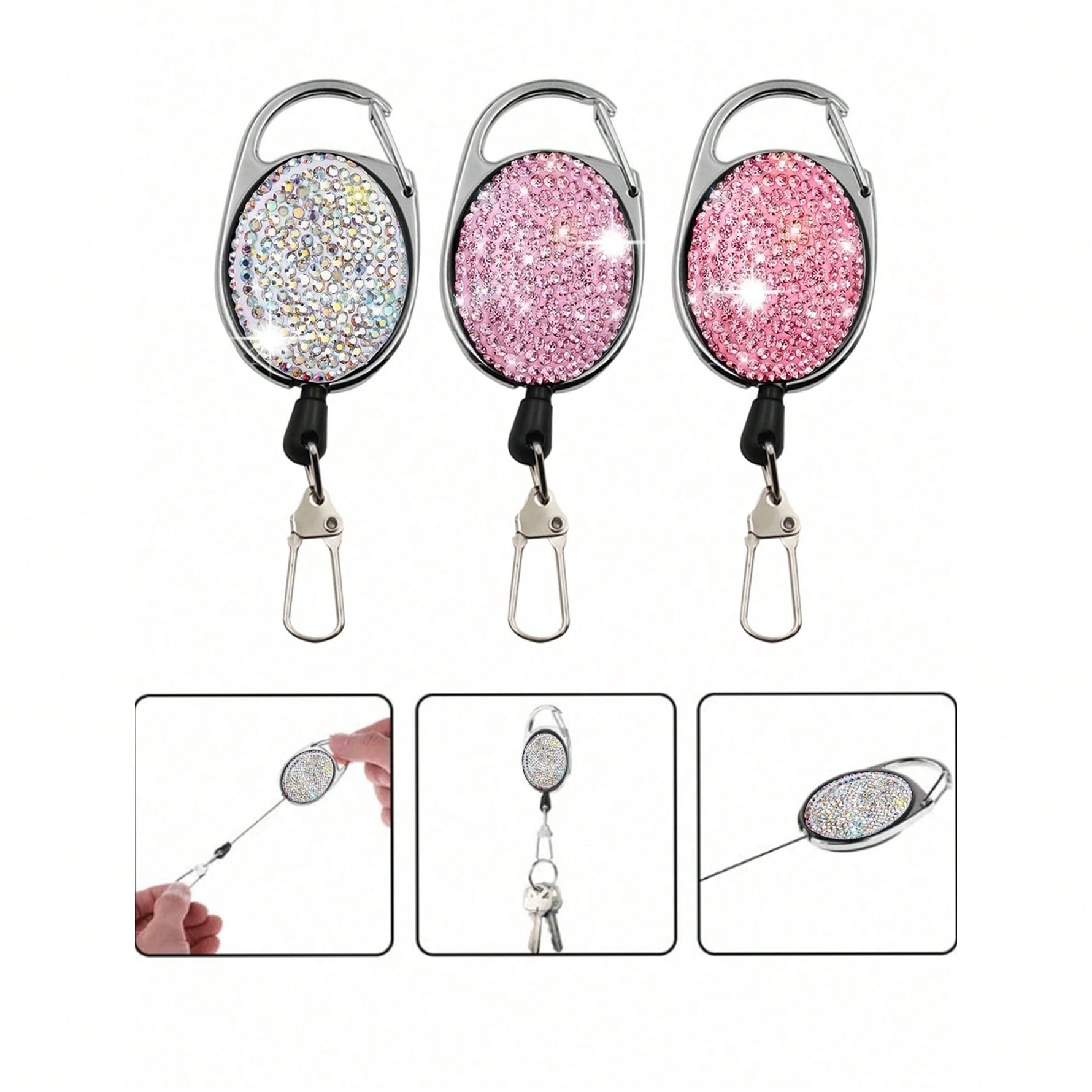 Rhinestone Retractable Keychain, Shiny Accessory, Easy Pull, 360° Rotation, With Belt/Carabiner, Built-In Nylon Rope, Keyring, Button, Tool Extractor, Creative Carabiner Keychain, Anti-Drop Anti-Theft Nylon Rope Lock, Outdoor Climbing Carabiner Pendant, Can Be Hung On Keys, Business Cards, Phone Straps, Backpacks, Mother's Day Gift, Birthday Souvenir