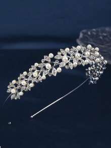 1pc Glossy Zinc Alloy Pearl & Rhinestone Bridal Crown Headband, Wedding Dress Jewelry Accessory - Silver - View 3