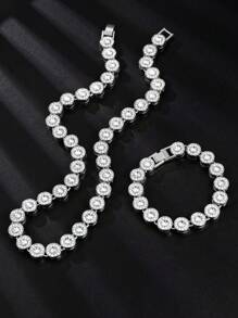 2pcs/Set European & American Fashion Men's Round Ice Sugar Rhinestone Necklace, Street Dancehall Hip-Hop Brand, Simple & Chic, Unisex Accessory, Cuban Chain, Holiday Gift