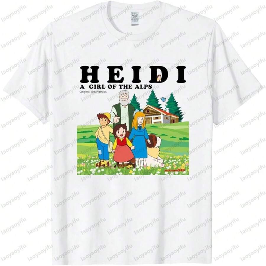 Cartoon Character Print Creative Pattern Design T Shirt Heidi The Girl From The Alps Theme Unisex Tee Tops Women Summer T Shirt - 白色 - 查看 1