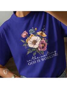 T-Shirt Casual 100% Algodão com Mensagem Positiva e Flores Vintage - Azul Royal - Visão 1