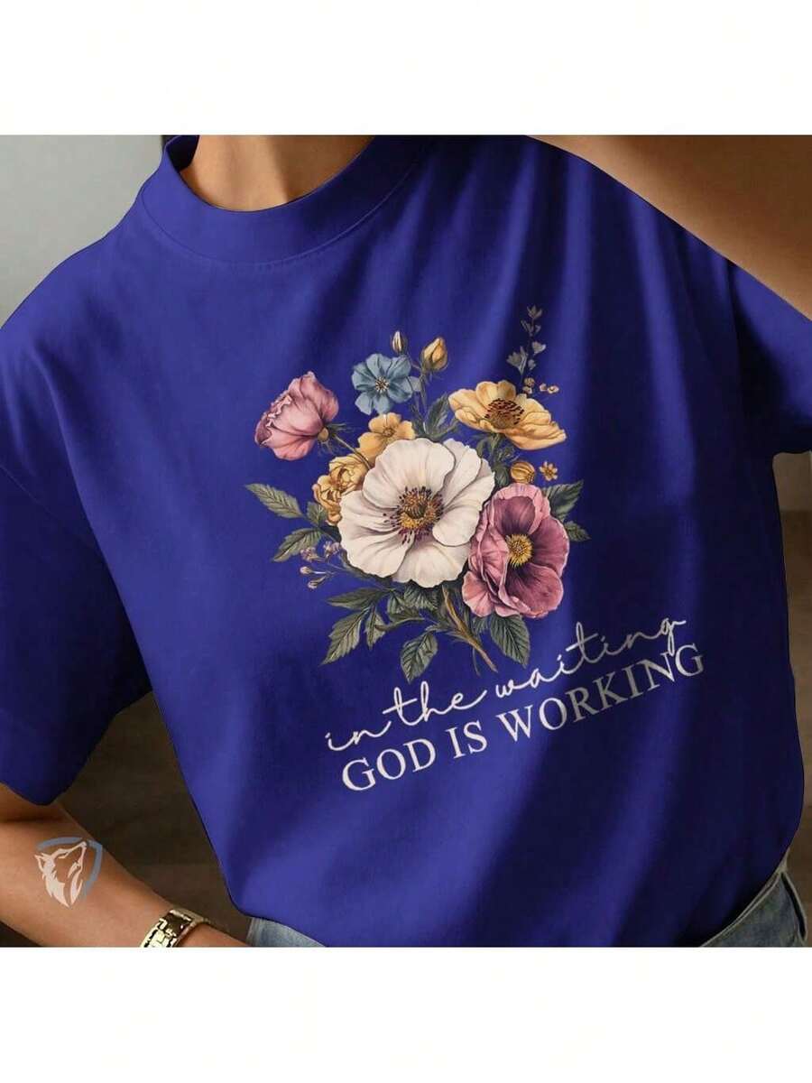 T-Shirt Casual 100% Algodão com Mensagem Positiva e Flores Vintage - Azul Royal - Visão 1