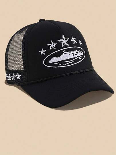 1 st broderad femuddig stjärna basebollkeps i nät, justerbar solskyddande hatt för utomhusbruk, lämplig för vår-/höstresor, strand, män och kvinnor, Y2K-stil, (lätt deformation under transport, påverkar inte användningen)