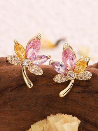 1 Pair Colorful Maple Leaf Micro-Inlaid Cubic Zirconia Simple Women's Fashion Earrings For Daily Decoration For Party Jewelry Birthday Gift, For