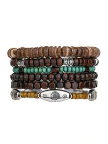 6pcs/Set Natural Coconut Shell & Wooden Bead Bracelet Set, Suitable For Daily Wear, Vacation, Travel Or Gift For Friends