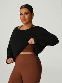 大码女式轻薄透气露背休闲健身运动长袖T恤罩衫黑色春季款 - 黑色 - 查看 4