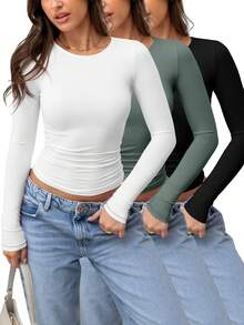3 Pack Womens Crop Workout Tops Women Pack Summer Gym Athletic Compression Undershirts Cute Tight Basic Tops Tee - 橄欖綠+黑色+白色 - 查看 1