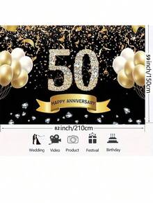 1pc 50th Anniversary Wedding Anniversary Decoration, Black Gold 50th Anniversary Banner Backdrop, Happy 50th Anniversary Party Supplies Decoration Party Banner Photography Background Ground - Multicolor - View 4