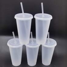 5 Vasos de plástico reutilizables con pajita y tapas - Tazas de agua duraderas de 24 onzas, tapa para café helado, botella de agua, taza de viaje, perfecta para fiestas de verano, Halloween y cumpleaños - Transparente - 5 transparente - Ver 6