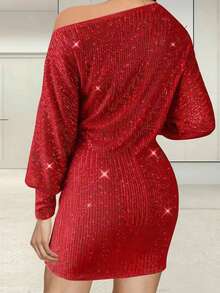 Women's Off One Shoulder Sequined Dress Slim Fit Stylish Sparkly Long Sleeve Mini Bodycon Dress - 紅色 - 查看 2