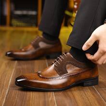 Men's Classic Brogue Derby Shoes, Lace-Up Pointed Toe Men Dress Shoes, Versatile Men Shoes For Banquets & Business Occasions. - 棕色 - 查看 9