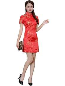 Cheongsam Dress Women Qipao Short Sleeve Bodycon Mandarin Collar Side Slit Floral Print Dress - Red Flower - View 2