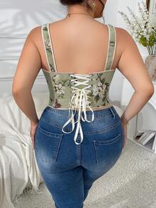 Plus Size Vintage Green Floral Corset | Butterfly Print Bow Straps Slim Fit Top - Green - View 6