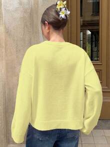 FOR BEAUTY Women's Solid Color Minimalist Round Neck Long Sleeve Knit Sweater, Loose Commuter Style Pullover, New Year Collection - Bright Yellow - View 5
