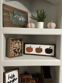 1 pieza Logotipo de calabaza de otoño de Halloween, estantería de madera con calabaza, decoración de cosecha - Decoración del hogar rural - Mural de gracia estacional para Halloween, cosecha y Navidad - Decoración de otoño para el hogar - Multicolor - Ver 6