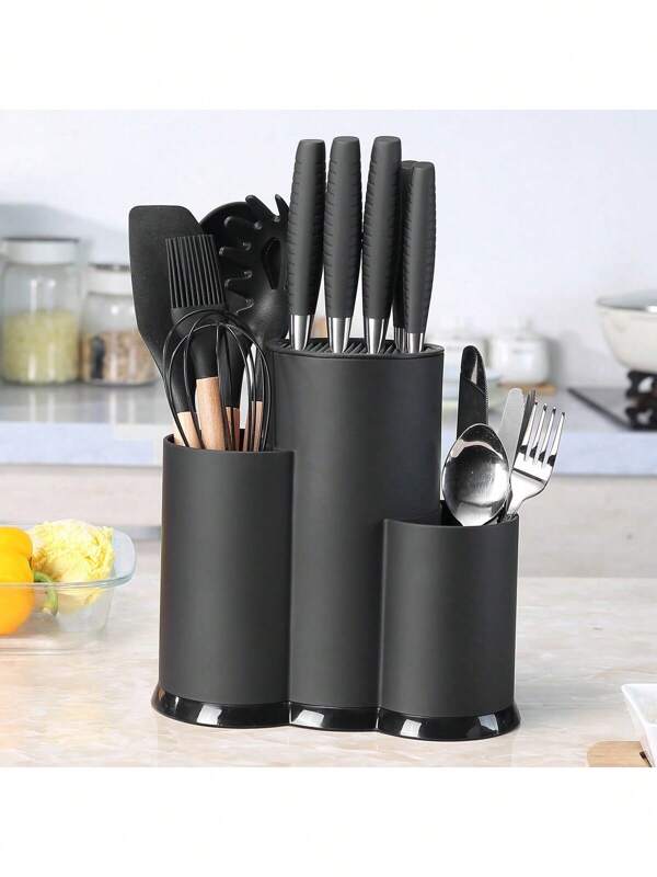 1pc Multi-Function Universal Knife Holder, 3-In-1, Kitchen Utensil Rack, Knife Storage Rack, Empty Knife Slots, Large Kitchen Tool, Black Brushed Stainless Steel Kitchen Utensil Rack For Knives, Chopsticks, And More - Space Saving Kitchen Gadget