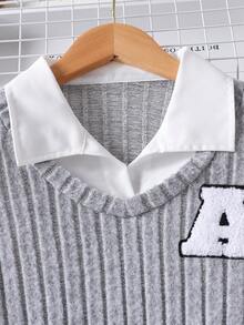 Nuevo vestido línea A con cuello y bloque de color para niñas preadolescentes, estilo universitario, para otoño - Gris - Ver 3