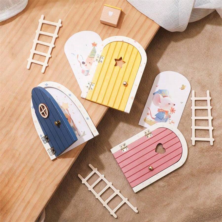 Wooden Cartoon Elf Door, Mini Ladder Decoration Fairy Tale Door Ornament, Colorful Love Elf Door Home Decoration Commemorative Photo Props, Christmas And Halloween Birthday Gifts - Multicolor - View 1