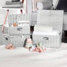 Set Of 3 White Woven Wicker Hamper Baskets - With Lid & Lock, Insert Handles, Decorative Storage For Toys, Clothes, Office & More - Default - View 6