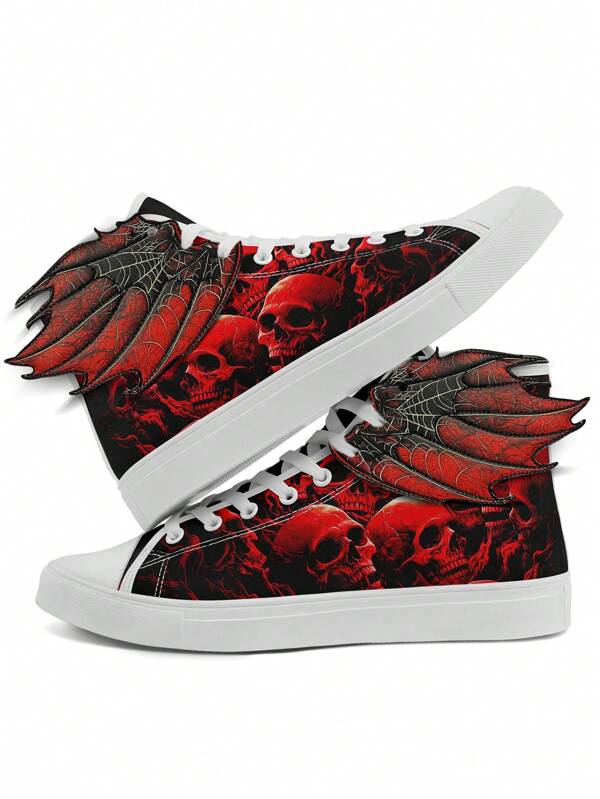 Men's Gothic Skull Wing High-Top Sneakers, 3D Wing Halloween Shoes. Red Flame Skull Print Design. Spooky Horror Punk Streetwear. Unisex For Men & Women
