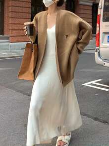 French Fashion Women New Simple Top Cardigan Coat Halloween Fashion Letter Embroidery British-Style Knitted Cardigan For Women Loose And Slouchy Style Sweater Cardigan - Coffee Brown - View 6