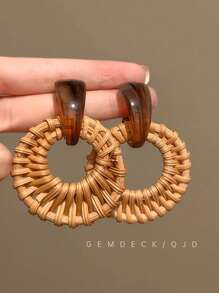 1 Pair Vintage Bamboo & Rattan Earrings, High-End Fashion Stud Earrings, Unique Beach-Style Jewelry