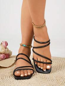 女士几何镂空凉鞋，通勤拼色交叉带设计，时尚度假沙滩鞋，透气软底，时尚露趾编织拖鞋，百搭 - 黑色 - 查看 3