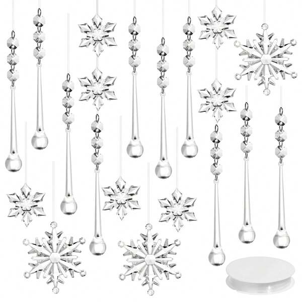 Conjunto de 20 enfeites de Natal em forma de floco de neve de cristal, em acrílico, para pendurar na árvore de Natal e em festas. Decoração transparente para casa, para o Natal e para o quarto.