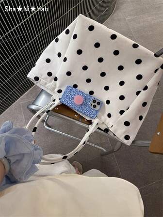 Large Capacity Tote Bag For Women, Slouchy Vintage Korean Style Polka Dot Canvas Tote, Fashion Versatile Shoulder Bag, Suitable For Commuting, School, Shopping, Travel, Gift-Giving