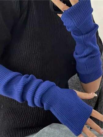 1 Pair Women Solid Color Fashionable Knitted Fingerless Gloves, Suitable For Autumn/Winter Daily Wear And Keeping Warm