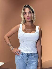 Manon Tanti Crystal Embellished Ribbed Tank Top Summer Crop Vest Party Club Evening Glamour Y2K Fashion Sleeveless Diamond Detail Camisole - View 1
